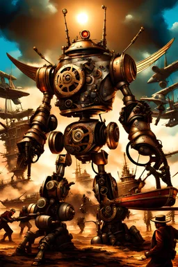 steampunk warrior robot with a big, complicated and detailed mechanical sword fighting in a battlefield with steampunk ships and planes in the background. Masterpiece, hyper detailed, details, battlefield, dramatic, dramatic lighting