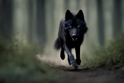 a blue eyes black wolf running so fast in the forest