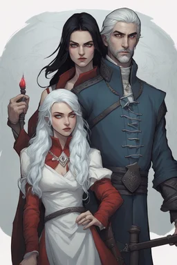 A couple, from the dnd game curse of Strahd. The woman has long white hair and blue eyes, the man has LONG BLACK hair and red eyes, no facial hair. He is standing protectively behind her.