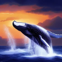 beautiful humpback whale jumping out of turbulent ocean water, stunning, magnificant, sunset sky, 8k resolution, high-quality, fine-detail, detailed matte, illustration, digital art, brian froud, howard lyon, greg rutowski, Life of Pi