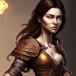 dungeons and dragons, female human, druid, brown hair, brown eyes, full body, realistic face, short hair, facial scarring, hair tied back, large nose