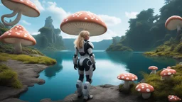 blond woman in an exosuit next to a lake with giant floating mushrooms with octopus tentacles in the distance