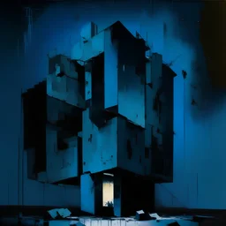 Minimal abstract oil painting of concrete fragments of body brutalist architecture and illuminated at night. Blue In the style of Justin Mortimer and Phil Hale and Ashley Wood