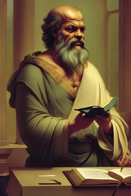 [Socrates reading at a desk, ancient Athens] As Socrates sat at his desk, his face became a captivating tableau of profound thought and earnest curiosity. The morning light, filtering through the window, highlighted the gentle furrows on his brow, each line a testament to the countless hours he had spent in contemplation. His eyes, a striking shade of dark brown, gleamed with a mix of intellectual fervor and warm compassion, drawing anyone who met his gaze into the depths of his philosophical wo