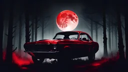 the silhouette of a woman in an old mustang, dark forest, black and red image, night, realistic, moon and stars, blood