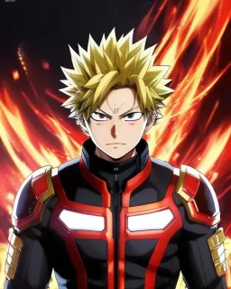 Detailed anime portrait of bakugo from my hero academia, gold hair and golden eyes, black suit, intricate details, full body portrait, keep head in frame, slight smile, black Japanese motif, concept art, highly detailed, digital painting, concept art, sharp focus, illustration, art by Yoji Shinkawa, WLOP and greg rutkowski and alphonse mucha and artgerm and yanjun Chen and Junji ito and Makoto Shinkai, HDR, octane render