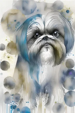 Abstract wet watercolour of a Shih tzu ink lines, interlinked circles,detailed focus on eyes