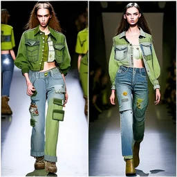 Women model catwalk wearing cargo jeans with patch jellow and green