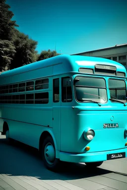 real photo of bus with logo "simplea" turquoise color