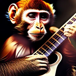 Audobon painting of a monkey playing a guitar, 6 strings, fingers