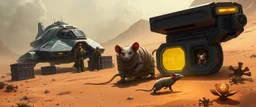 7️⃣ Planet Arrival "Two futuristic spaceships on dusty alien plain. Giant mummy rat scampers behind crates, eyes intelligent and cautious, bandages flutter in wind. Crew exits, interacting with alien fauna. Small caged rat in transport module, stasis pod glowing nearby. Alien flora glowing softly. Mood: cautious curiosity. Style: character expressiveness, Rembrandt-inspired light and shadow."