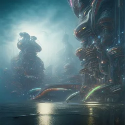 biomorphic future city with lighting, panoramic, colours, 3D-rendering, foto-realistic,TG, 8k, art by HR Giger.