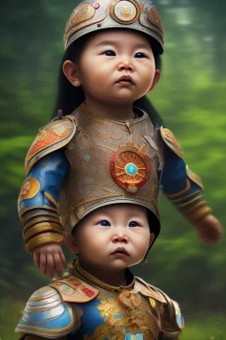 Thailand baby head portrait, warrior costume, village, meditation, woods, cyberpunk, 8k quality