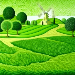 A pale olive green grassy golf field with a windmill designed in ancient Greek mosaics painted by Henri Rousseau