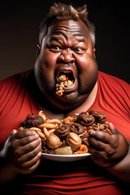 a black fat guy with full of food in his mouth