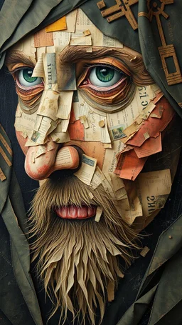 Bosch style painting , A face in details . The texture of the face is a collage of many peace’s of newspaper parts