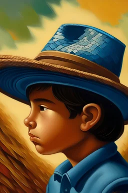 A slightly surreal oil painting of a Mexican young boy in profile sitting with a Mexican sombrero in front, in the style of Diego Rivera and Rene Magritte.