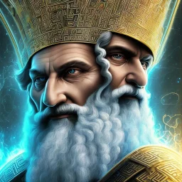 symetrical, centered, ultra detailed, digital art, in center is a portrait of highly detailed greek colossus god zeus surrounded by quantum galaxy codes seeking knowledge, gray hair and beard, detailed face with human skin color, eyes filled with galaxy, dominating colors = gray light blue and dark gold, lightning, smoke,