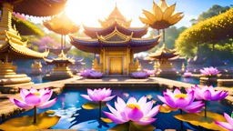 beautiful colorful Asia state spring's flowers, nature, little thai temple, fountains, lake, with lotus, fantasy, elegant, cute, dramatic viewing, amazing world, pastel colorful, high contrast, 8k high definition, unreal engine 5, extremely sharp detail, light effect,