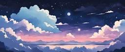 Cute and aesthetic anime clouds at night, 90s, cartoon, lofi, linear, watercolour