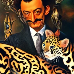 Salvador Dali with his pet ocelot Babou , hypperealism , surrealism , outlandish painting , extreme painting , high definition , high detailed, vivid deep colours, complex ,oil on canvas ,8k,portrait,sharp, focus, close up, fantasy view ,masterpiece, by Salvador Dali .