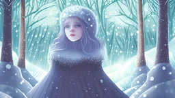 children book style, forest, and trees around snow a little, village, but the still green landscape, in a land where winter's embrace held the world in an icy grip, there lived a solitary snowflake named Luna. She was unlike any other snowflake, her delicate crystalline form shimmering with a rare, ethereal beauty. The girl is living in the fairy village.