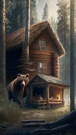 A cabin in the woods, a big brown bear, a movie scene, a more accurate picture hdr