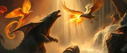 fire smoke and fog and light rays, phoenix jellyfish octopus bird witch bear dragon in icy waterfall looks beyond really powerful slapping a bird in the face with fire, fantasy illustration, in the style of Rembrandt