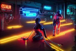 human cleaning batteries of cyborgs,centered, detailed, 8k, fabrik , arbeit, sklaverei,cyberpunk art, neon signs, wide angle,