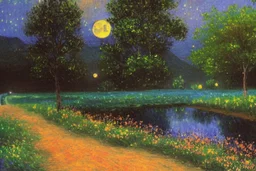 Night, moon, trees, distant trees, flowers, distant mountains, pathway, grass, impressionism painting