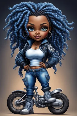 create an airbrush illustration of a chibi cartoon voluptuous black female wearing a blue jean outfit with biker boots. Prominent make up with hazel eyes. Extremely highly detail of a twisted dreadlocks. Background of a bike show.