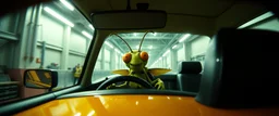 car driving happy insect man in the style of Escher and Giger and Fallout 4, pinhole cam, airbrush 3d rendering, on tv screen:A five-second cinematic single take in a clean industrial presentation hall.