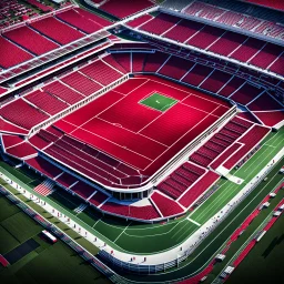 Imágen de arte lineal de un estadio de futboll, vista aérea, calidad ultra, hiperdetallado, 8k, color rojo y blanco