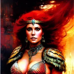 Drawing of beautiful face busty red Sonja,ancient leather armor, balanciaga fashion clothe painting by gaston bussiere, greg rutkowski, yoji shinkawa, yoshitaka amano, tsutomu nihei, donato giancola, tim hildebrandt, oil on canvas, cinematic composition, extreme detail,fit full head inside picture,16k