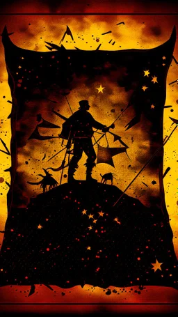 A poster made out of old leather cover and cracks , Bosch painting style, a shadow of creature with flag of pirates in hand looking up to the stars