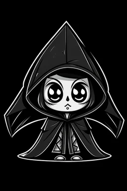 chibi skeleton in a black hooded cloak drawn in a retro mascot cartoon style, inside a light diamond shape on a black background, monochromatic