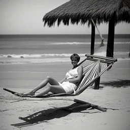 mujer sentada en una hamaca de madera en la playa, fotografía real, fotografía realizada con un cámara Fuji y objetivo de 35mm, fotografía en blanco y negro, tono años 60