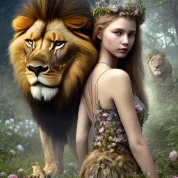 Young beautiful girl wearing floral crown next to a stunning lion on nature forest path, Chronicles of Narnia, 8k resolution, high-quality, fine-detail, iridescent, intricate, digital art, detailed matte, volumetric lighting, beautiful, illustration, 3D octane render, brian froud, howard lyon, selina french, anna dittmann, annie stokes, lisa parker, greg rutowski,