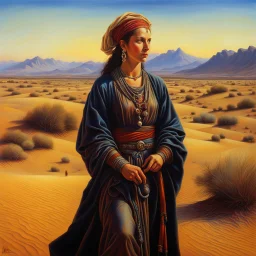 create a classical-abstract-realist sci-fi fantasy full body portrait painting of a nomadic tribal shepherdess with highly defined facial features, in an arid desert landscape in the style of Donato Giancola, Hans Memling, Titian, and Caravaggio, 8k, highly detailed, otherworldly and fantastic