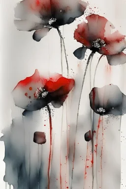 Abstract wet watercolour, grey red poppies