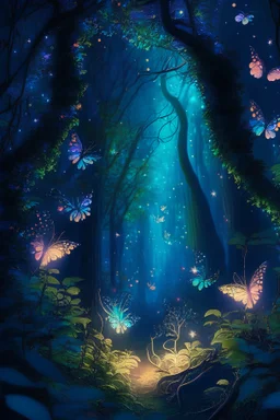 A magical, moonlit forest glade, where delicate, glowing fairies dance among the foliage, creating an enchanting spectacle of light and color.