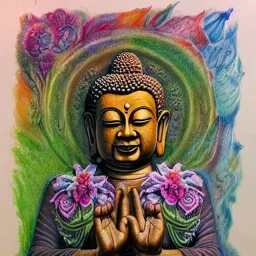 high-quality, fine-detail melted crayon drawing of realistic 3D buddha statue with flowers, artwork, 8k, intricate, detailed, illustration, brian froud, howard lyon, george grie, ben goossens, anna dittman, jeffrey robert, don marco