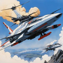 [art by Michael William Kaluta] the helicopter version of the Macross iconic VF-1S Valkyrie in live-action, launching smart bombs with tracing smoke while flying