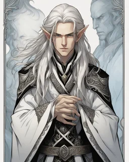 a young High Elf frost Wizard with long wiry hair, wearing a black trimmed white nobleman's robe and frost ornaments on clothes, with a small weasel on his shoulder