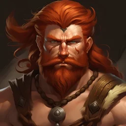 Create a dungeons and dragons portrait of a human barbarian, ginger haired, muscled, shirtless
