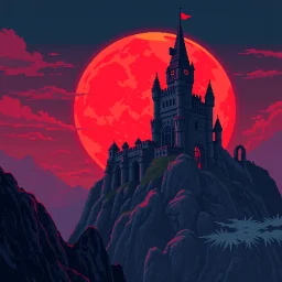 8 bit pixelart a towering castle perched atop windswept cliffs, its jagged stone figure bathed in the cinematic crimson glow of a giant, imposing red harvest moon, red sky
