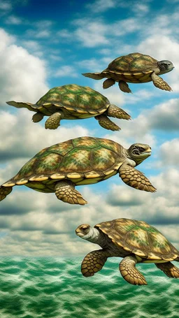 A white cloudy sky with fast flying turtles designed in ancient Roman mosaics painted by Gustave Courbet