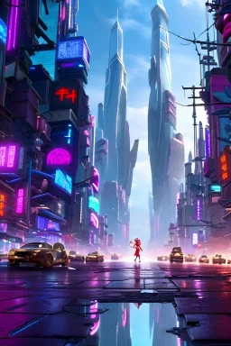 a bustling futuristic cyberpunk city street, reflections, luminous,