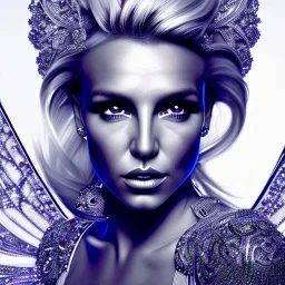 britney spears, Cyborg queen, light blonde hair, pixie hairstyle, cobalt eyes, waist up portrait, 8k resolution, intricate details, ornate details, soft lighting, vibrant colors, masterpiece, intricate eyeliner, dark eyeshadow, eyes, intricate tattoos, gradient background