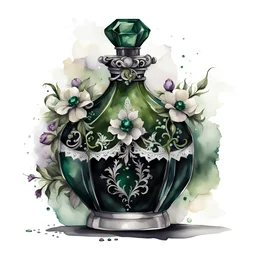 watercolor drawing of a dark Gothic green perfume bottle with emeralds and flowers and white lace, on a white background, Trending on Artstation, {creative commons}, fanart, AIart, {Woolitize}, by Charlie Bowater, Illustration, Color Grading, Filmic, Nikon D750, Brenizer Method, Side-View, Perspective, Depth of Field, Field of View, F/2.8, Lens Flare, Tonal Colors, 8K, Full-HD, ProPhoto RGB, Perfectionism, Rim Lighting, Natural Lighting, Soft Lighting, Accent Lighting, Diffraction Grading, Wit